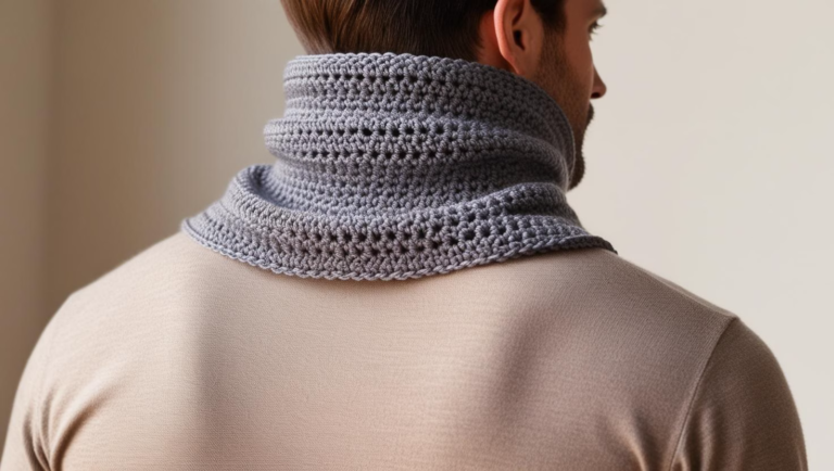 a man wearing a gray crocheted scarf