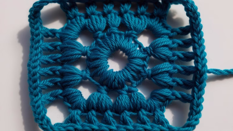 Blue crocheted granny square close up.
