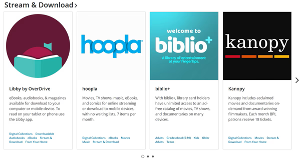 Screenshot of e-borrowing app icons for Libby, Hoopla, biblio, and kanopy.