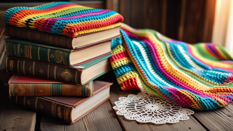 Books next to a white crochet doilies and a rainbow blanket