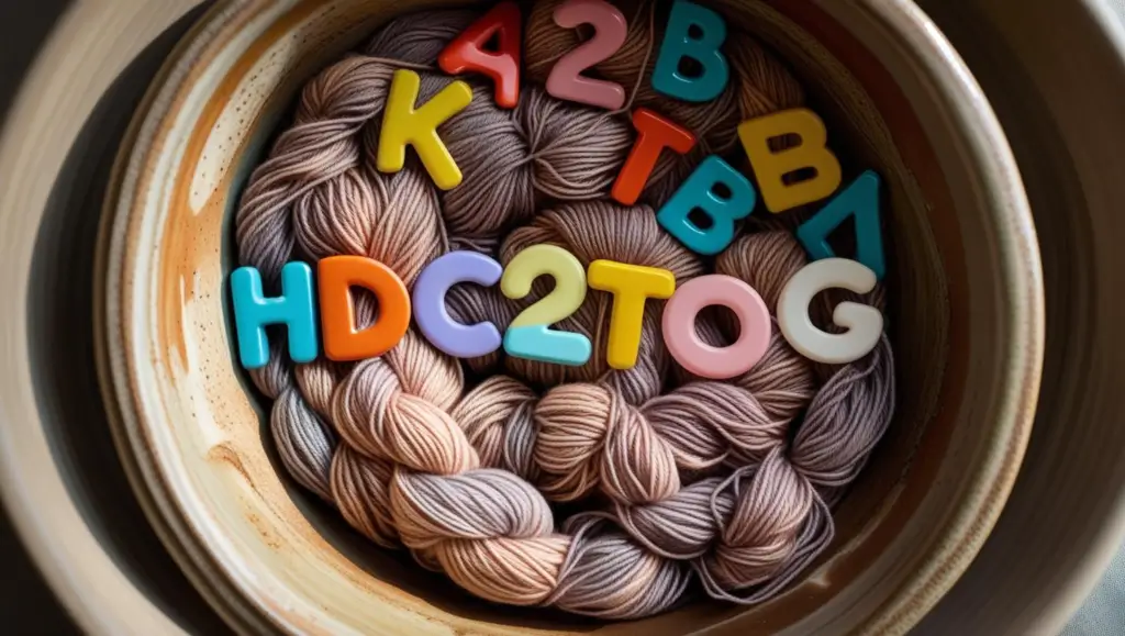 A bowl of what looks like alphabet soup, but instead of broth it's skeins of yarn with the letters HDC2TOG on top in the center.