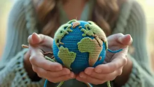 An AI generated picture of a pair of hands holding a crocheted earth.