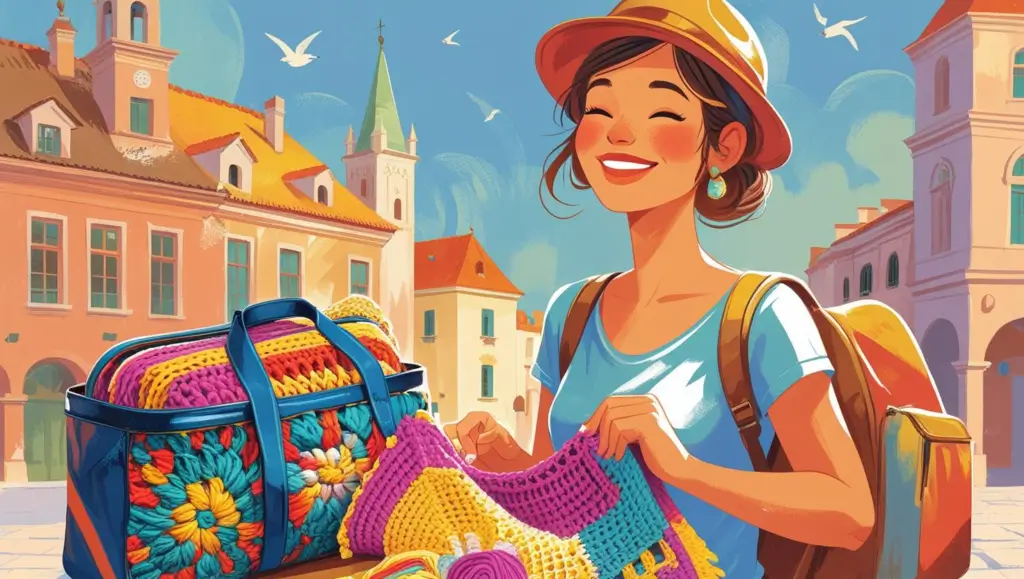 AI generated picture of of a woman traveling with her crochet items.