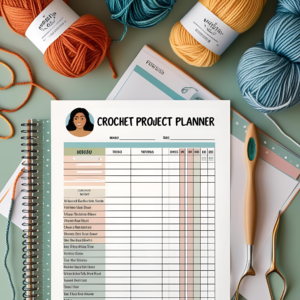 AI image of yarn with an example crochet project planner page