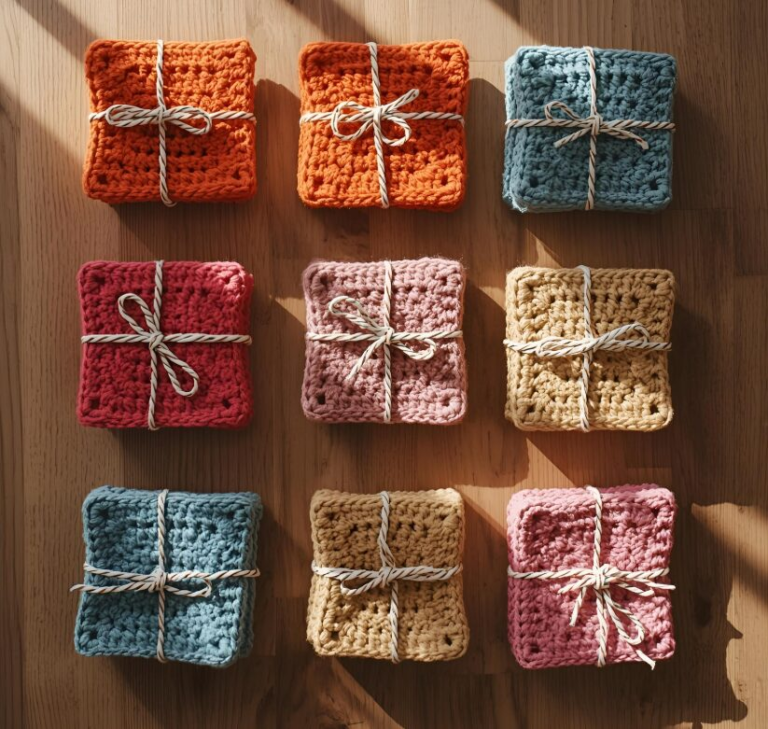 picture of 9 crocheted gift boxes with a string tied around each