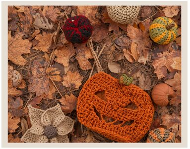Picture of fallen leaves in brown, beige and organe colors with crocheted pumpkins