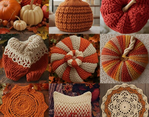 pictures of multiple fall related crochet projects that include a pumpkin, doilies, and pillows