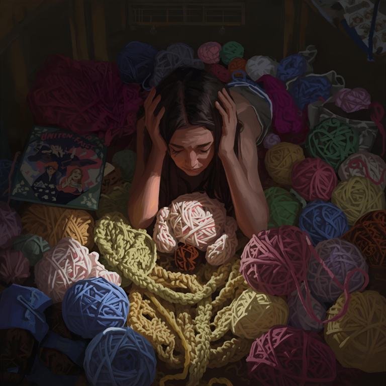 a woman sitting in a dark room stressed out and surrounded by unfinished yarn projects