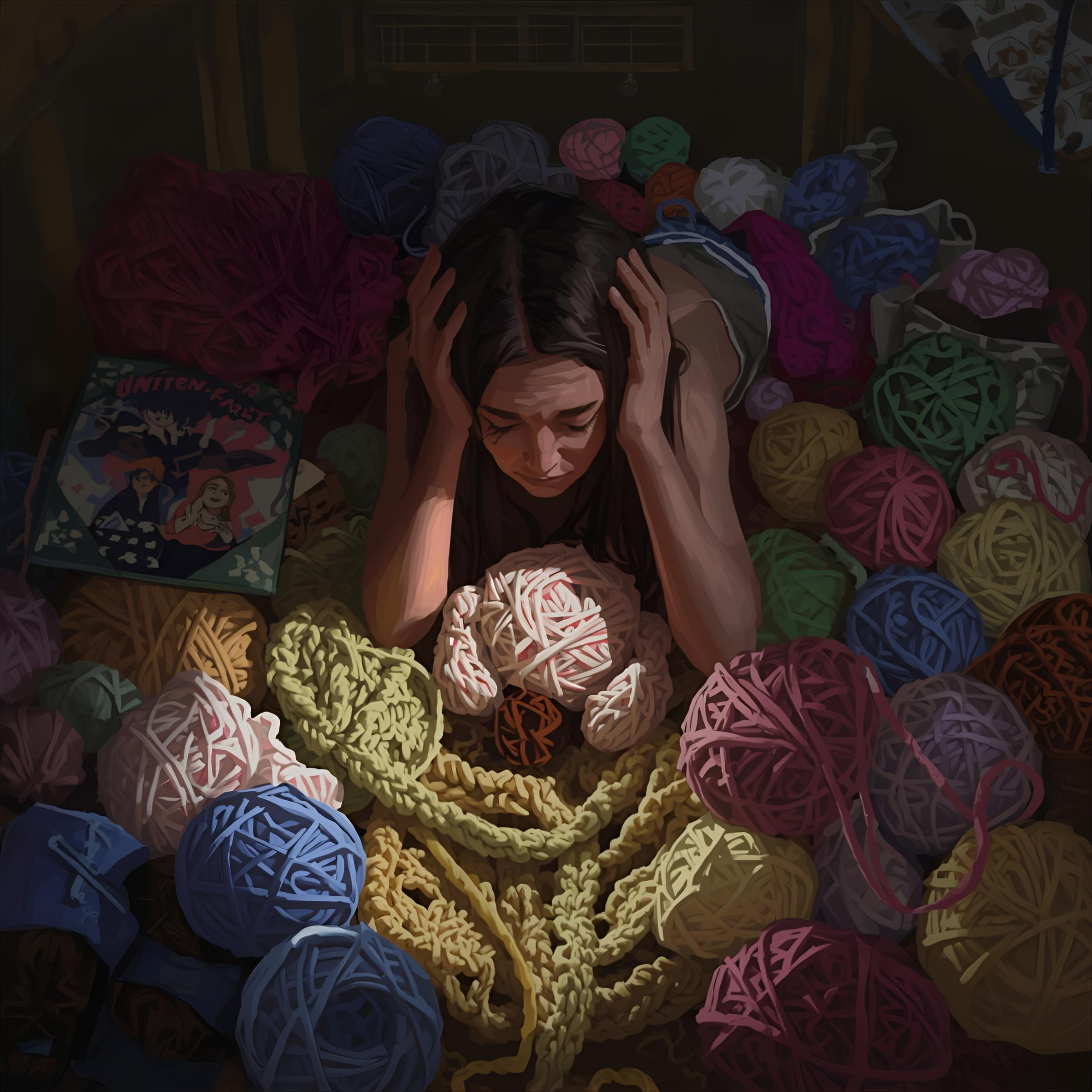 a woman sitting in a dark room stressed out and surrounded by unfinished yarn projects