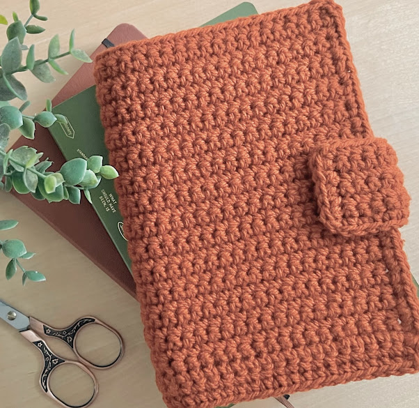 Textured orange/brown crocheted book cover by Roseberry Land