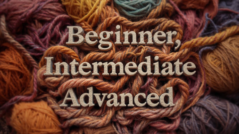 Image of the words Beginner, Intermediate, and advanced in a tan stone texture surrounded by skeins of yarn in multiple colors.
