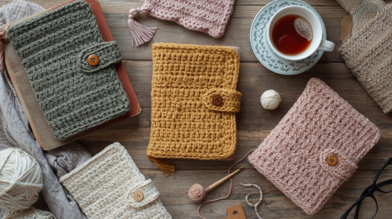 AI generated picture of crocheted book covers in different muted colors on a wooden table with a mug of tea in view.
