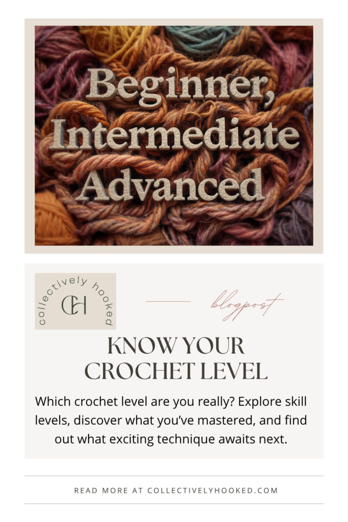 Pinterest pin of stone letters surrounded by multicolored yarn skeins that read Beginner, Intermediate and Advanced .