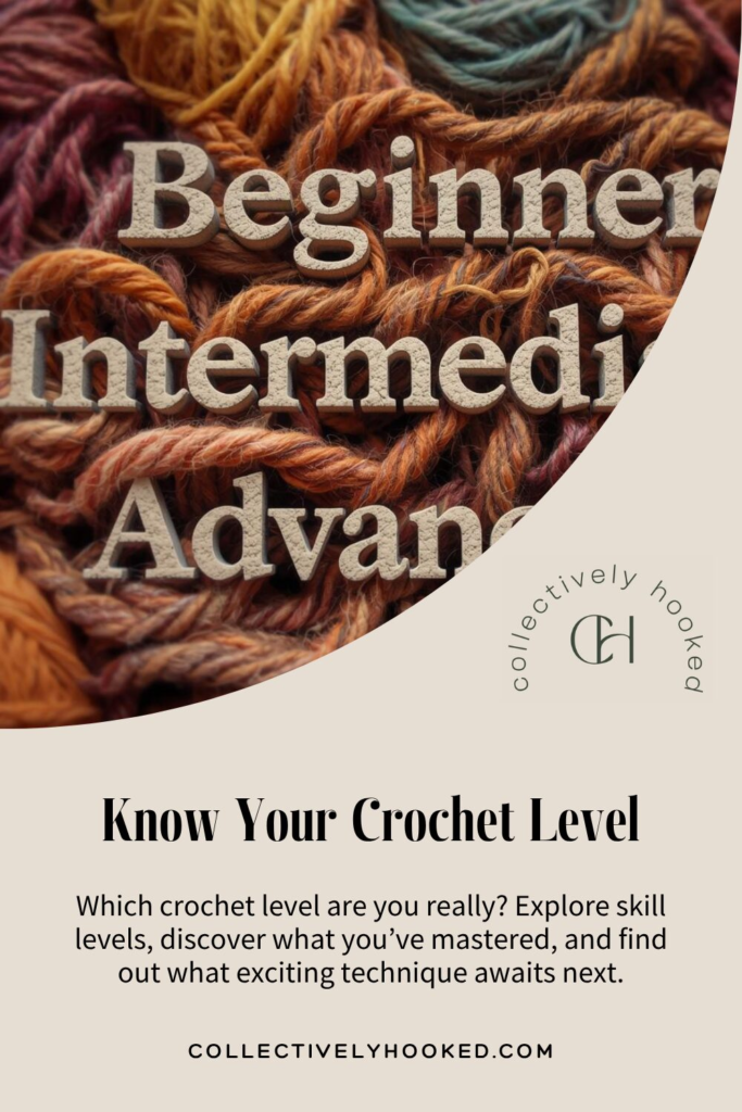 Pinterest pin of stone letters surrounded by multicolored yarn skeins that read Beginner, Intermediate and Advanced .