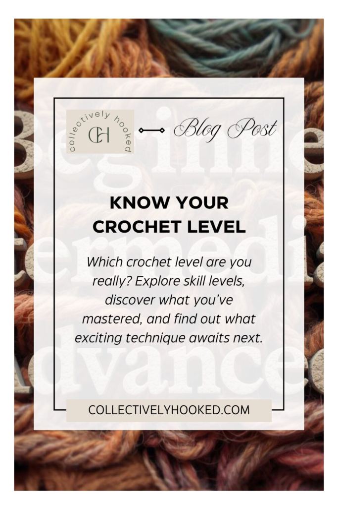 Pinterest pin of stone letters surrounded by multicolored yarn skeins that read Beginner, Intermediate and Advanced .