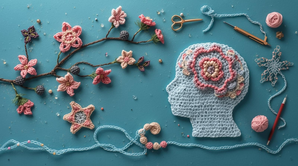 crochet items that look like a tree with flowers and a silhouette with crochet made as the brain shape.