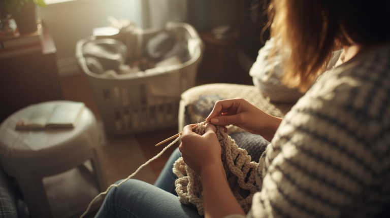 image of a woman crocheting with a laundry basket and other signs of busy life in soft focus in the background.