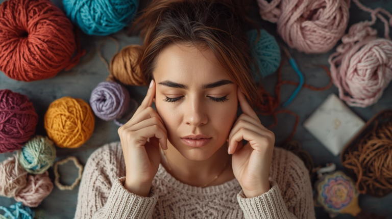 Canva AI created image for this post with image of a woman surrounded by yarn pressing her temples as if she has a headache.