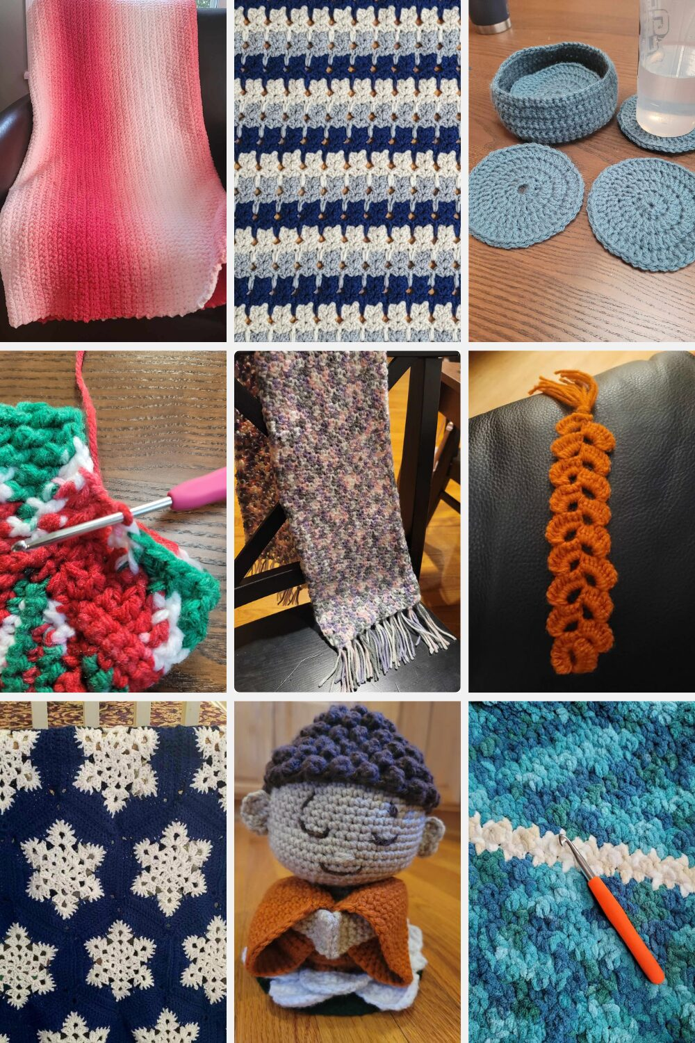 a collage of finished crochet projects: red and white gradient blanket, catch stitch blanket in white gray and blue, blue coasters, holiday stocking, scarf, orange bookmark, snowflake blanket, buddha amigurumi, and a blue and white blanket.
