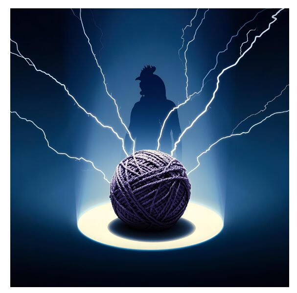 Picture of a purple ball of yarn under a spotlight being struck by multiple bolts of lightening. There is a sillhouette of a chicken in the dark blue background of the full picture.