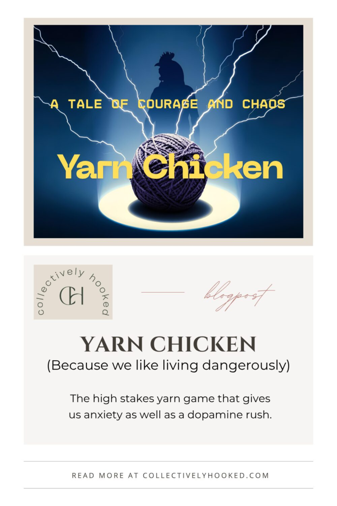 Picture of a purple ball of yarn under a spotlight being struck by multiple bolts of lightening. There is a silhouette of a chicken in the dark blue background of the full picture.