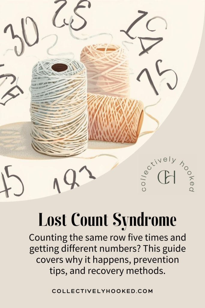 Pinterest pin image of a tan background with 3 yarn spools surrounded by floating numbers