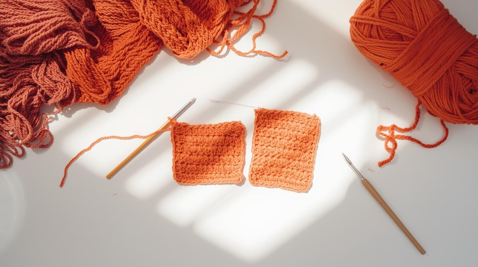 Picture of a finished crochet square, and a duplicate partially finished next to it, in the shadow of a window surrounded by yarn.