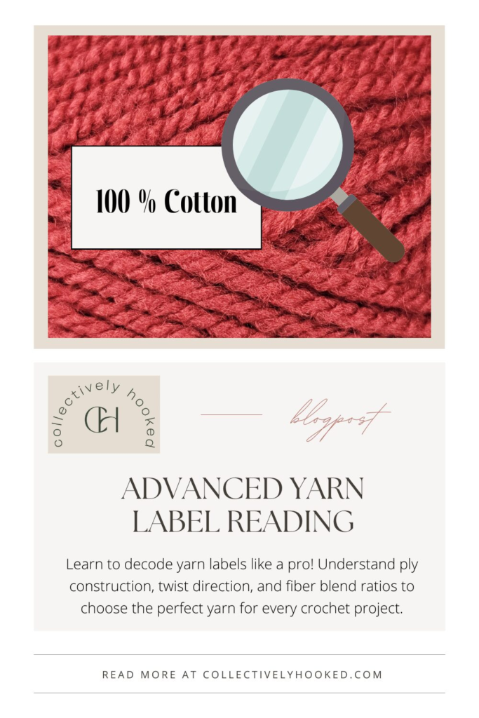 Pinterest pin image showing a magnifying glass over a yarn label.