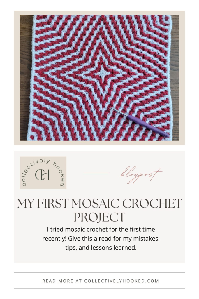 Pinterest pin showing a mosaic starburst crochet pattern in red and white