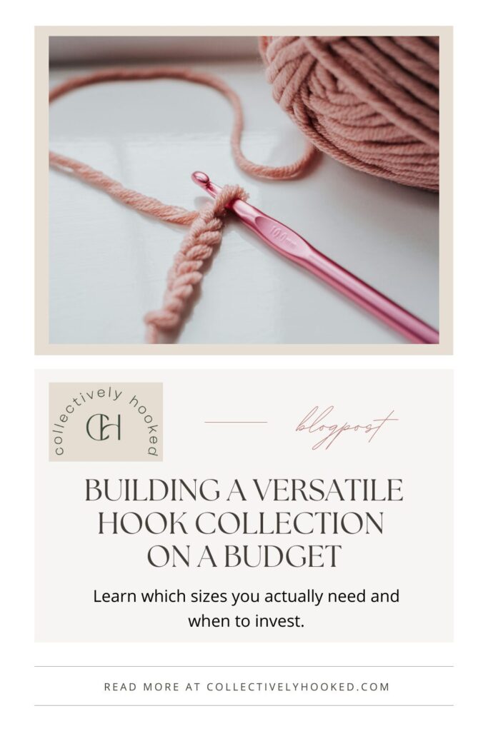 Pinterest pin showing a picture of a pink aluminum crochet hook looped into pink yarn.