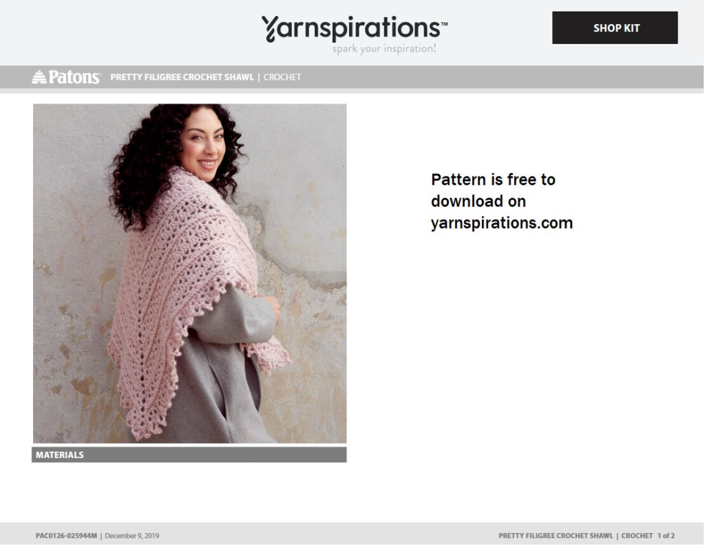 An example of the first page of a free pattern available to download on yarnspirations.com