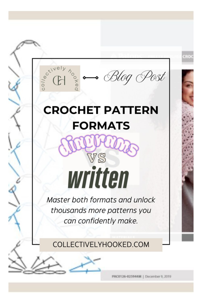 pinterest image showing "Crochet Pattern Formats: Diagram vs written"
