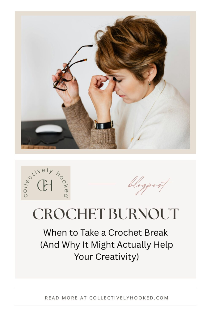 Pinterest Pin image of a side profile of a woman holding her glasses and pinching the bridge of her nose to indicate stress or burnout
