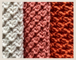 3 different crochet patterns in 3 different colors next to each other to show the differences between stitches