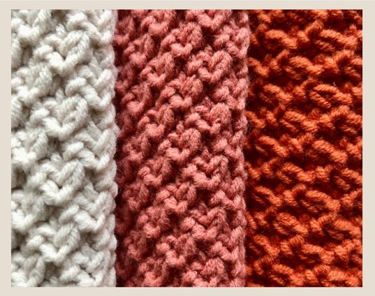 3 different crochet patterns in 3 different colors next to each other to show the differences between stitches
