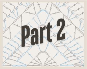 Picture of a crochet diagram with symbols faded in the background and "part 2" diagonally displayed on top.