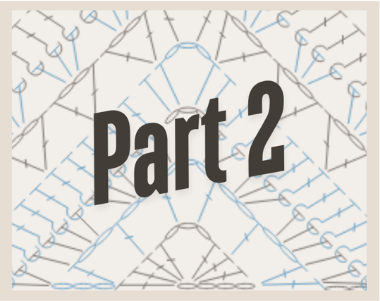 Picture of a crochet diagram with symbols faded in the background and "part 2" diagonally displayed on top.