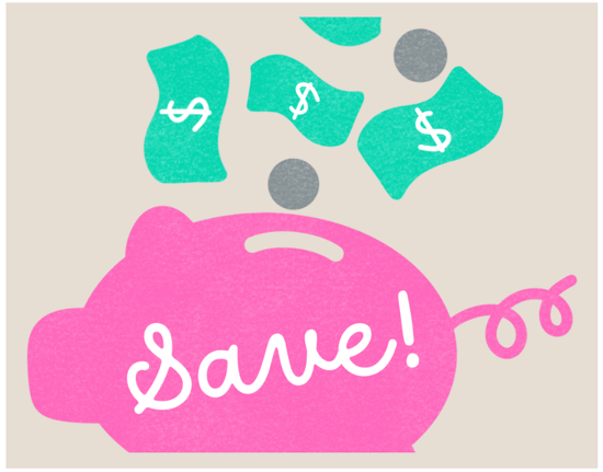 Image of a pink piggy bank with the word "save" written on the side and money and coins being dropped in.