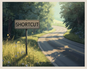 A road sign in a wooded area that reads "shortcut"