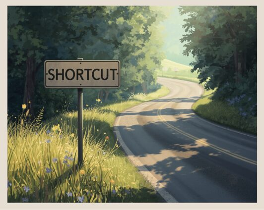 A road sign in a wooded area that reads "shortcut"