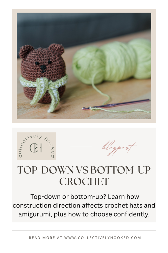 Picture of a brown amigurumi teddy bear with a green skein of yarn to the right of it. There is also a pink crochet hook starting a chain.